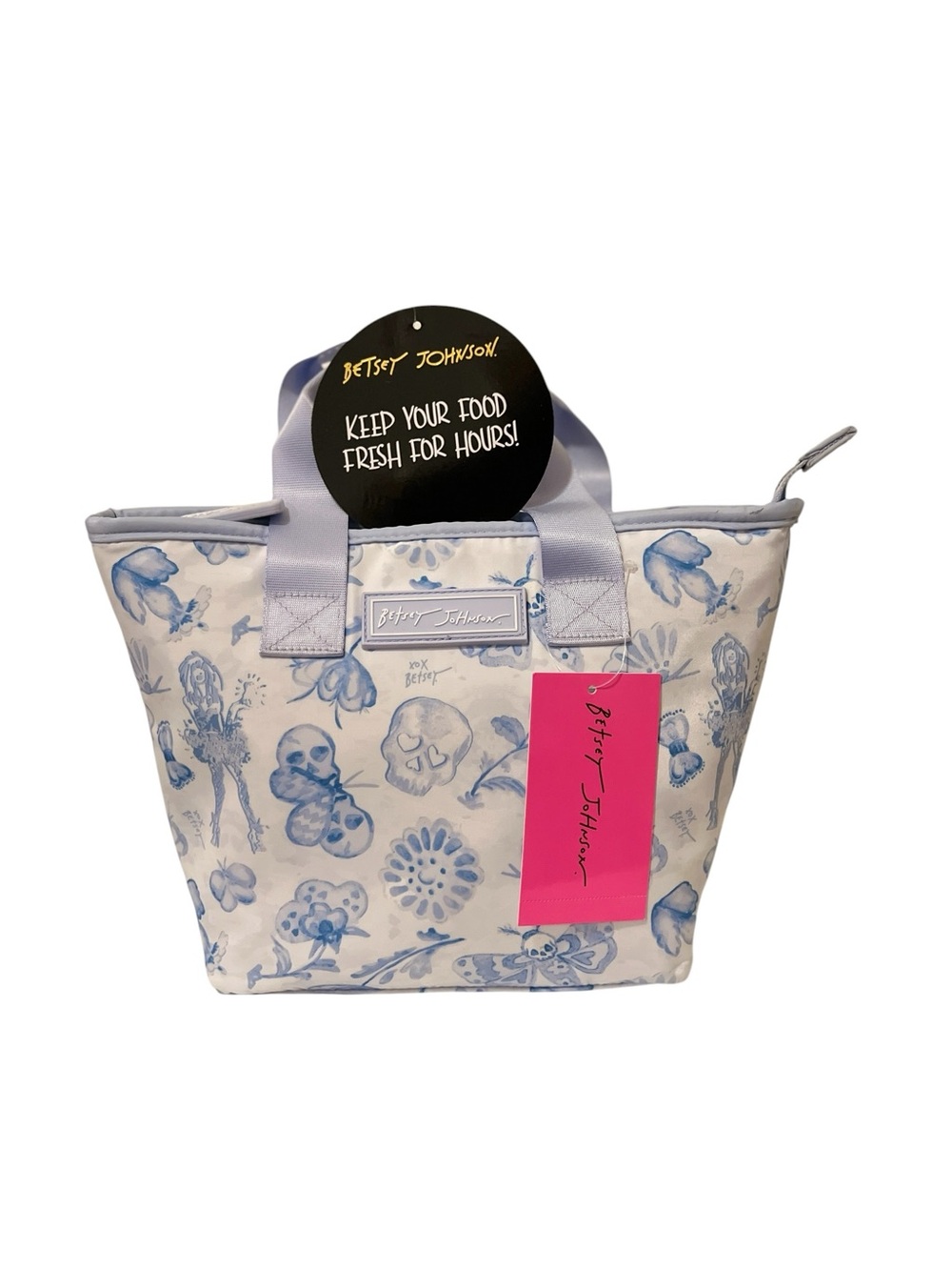 NWT Betsey Johnson Skull & Butterfly Toile Insulated Lunch Tote Blue & White